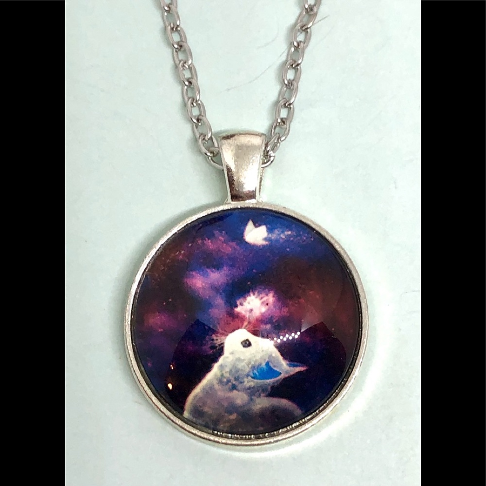 White Cat Purple Night Sky Glass 25mm Cabochon Dome 20" Chain Necklace Kitten